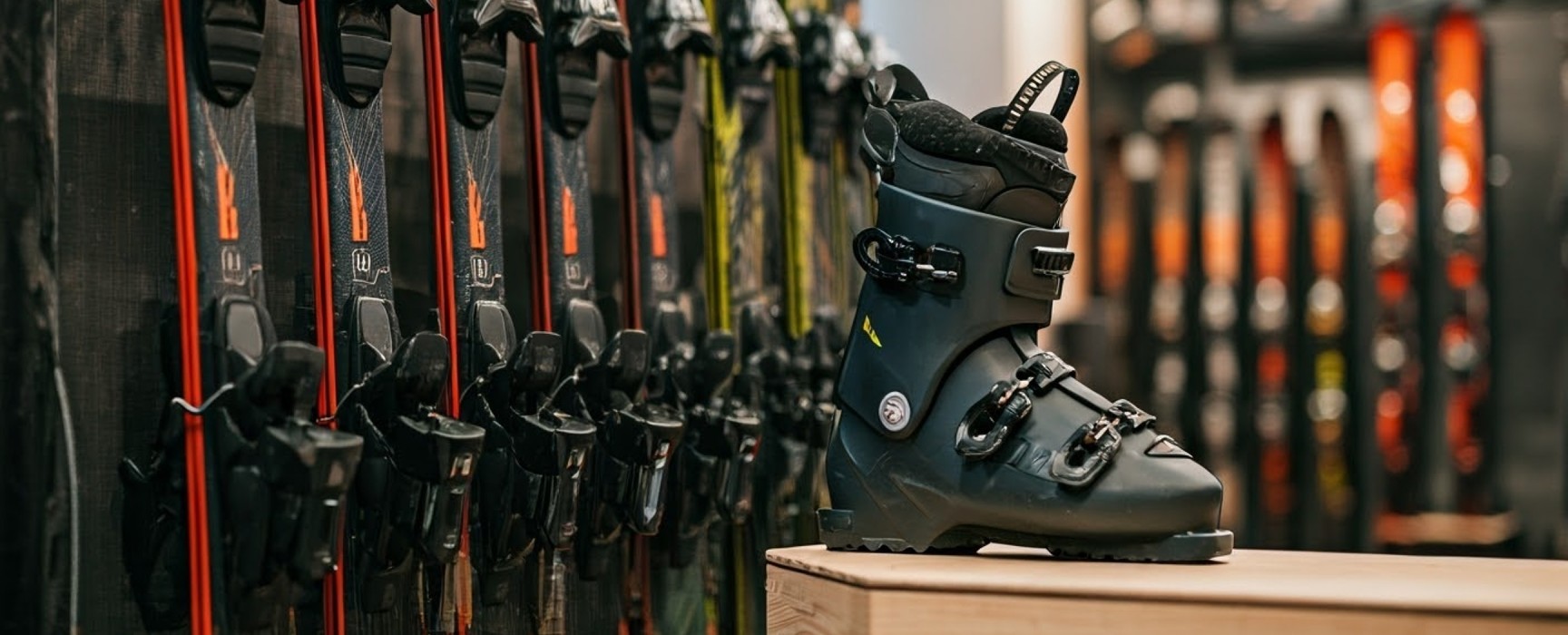 Skischuh vor einer Reihe von Skiern im Geschäft