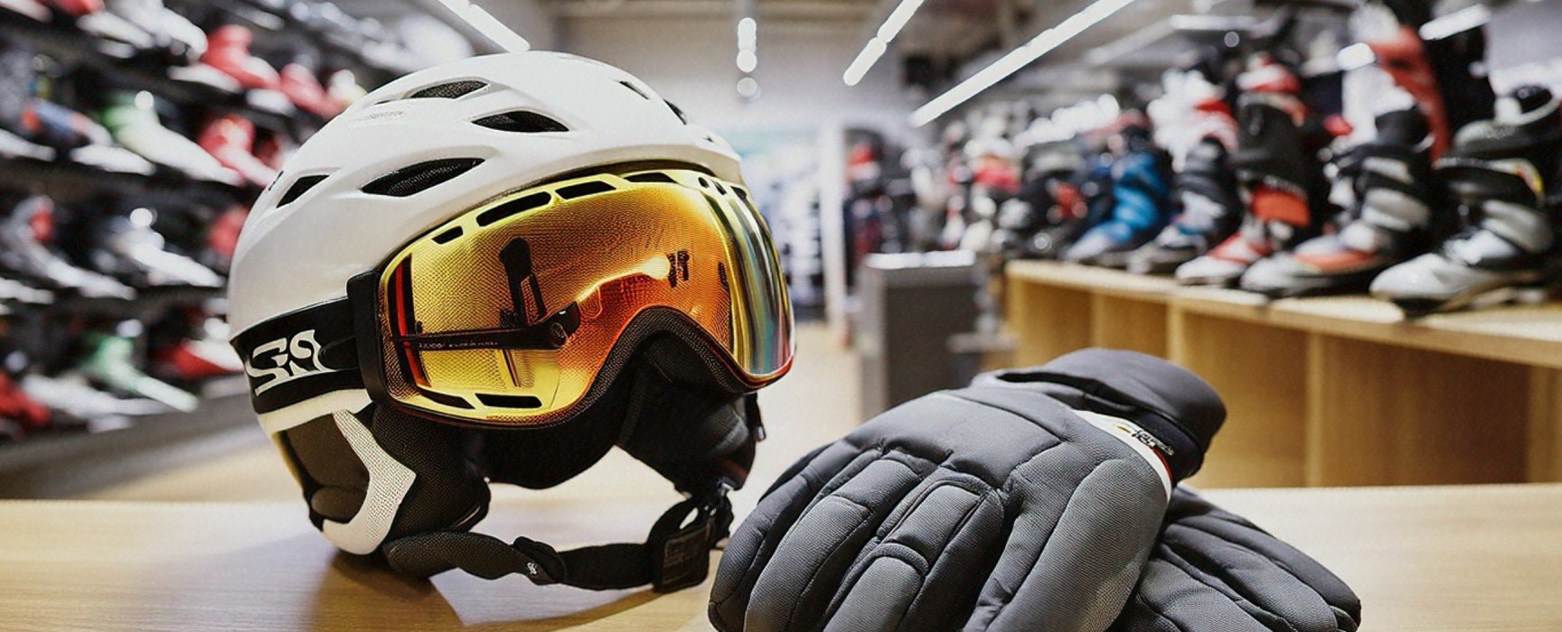 Ein weißer Skihelm und schwarze Handschuhe in einem Sportgeschäft
